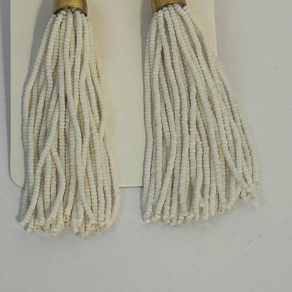 J. Crew Gold Tone Crystal Accent White Beaded Tassel Dangle Earrings Women - Picture 4 of 6